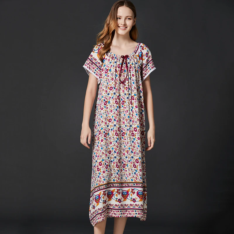 New Nightdress Women Viscose Short Sleeve Floral Nightgown Elastic Collar Long Dressing Gown Summer Sleepdress Casual Homewear