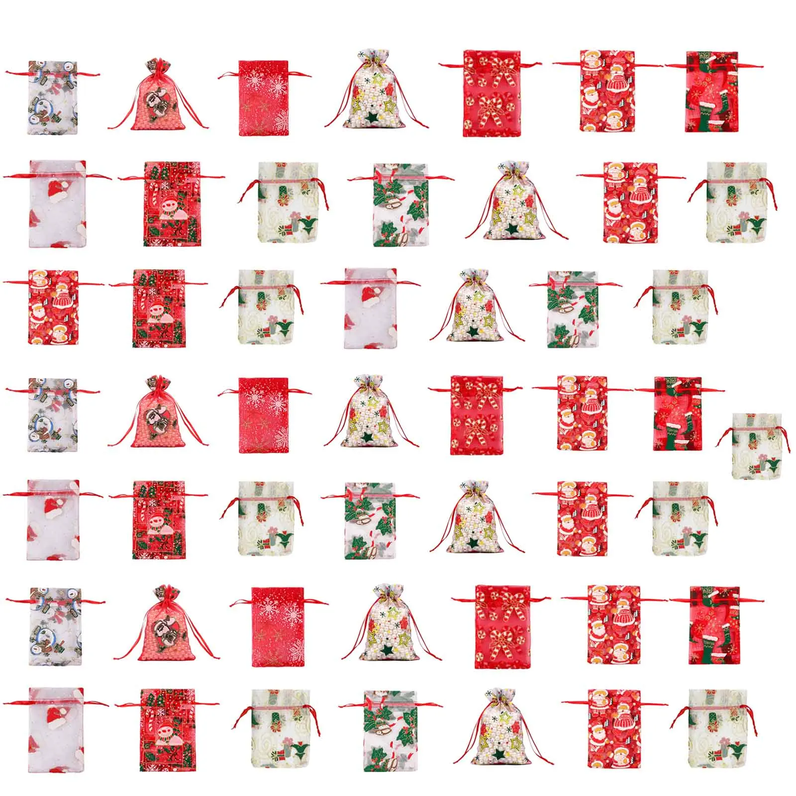 

50 шт. рождественские сумочки из органзы, рождественские сумочки на шнурке с изображением снеговика, Санта-Клауса, подарочные пакеты для кон...