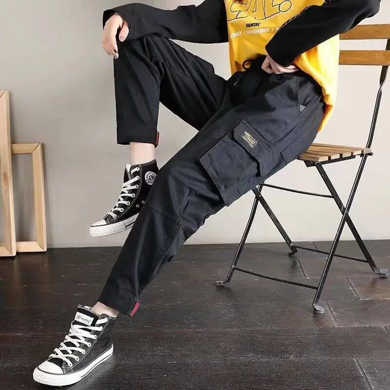 Хлопковые брюки карго с высокой талией 2019 весенние розовые хаки черные женские |