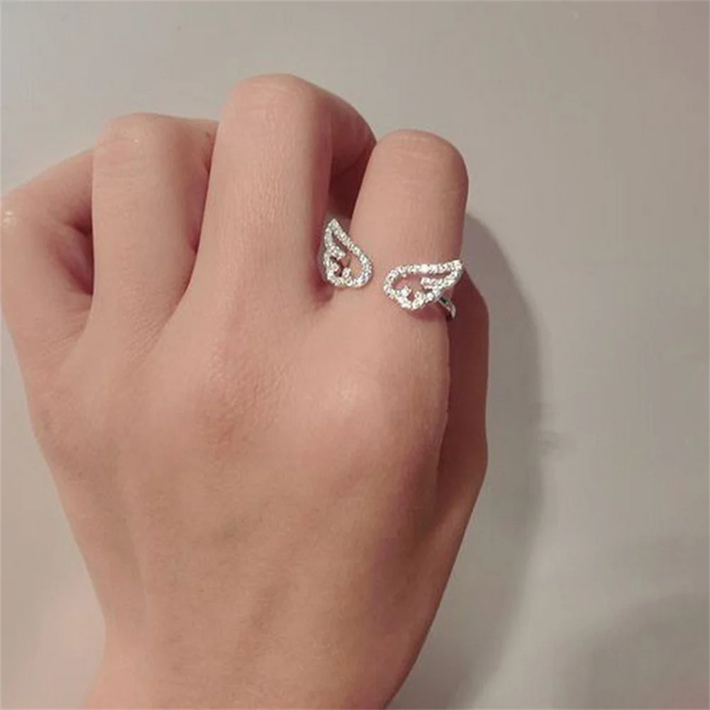 

for Women Silver Color Female Party Birthday Jewelry Korean Style Angel Wings Ring Adjustable Rhinestone Finger Rings Wholesale