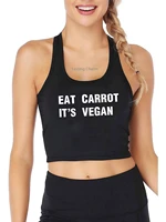 eat carrot its vegan pattern tank top womens humor fun flirt print yoga sports workout crop top gym tops