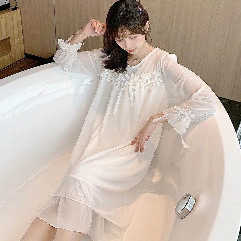 Princess Nightdress Female Autumn Korean Version Lace Mesh Nightgown Long Sleeve Dress Sweet Loose Court Nightwear Sleepwear