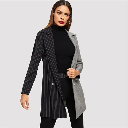 Многоцветный ROMWE Notch Collar Colorblock Striped Coat Women Blazer Autumn Fashion Ladies Jackets Fall Elegant Black Double Breasted Blazer - Цвет: Многоцветный
