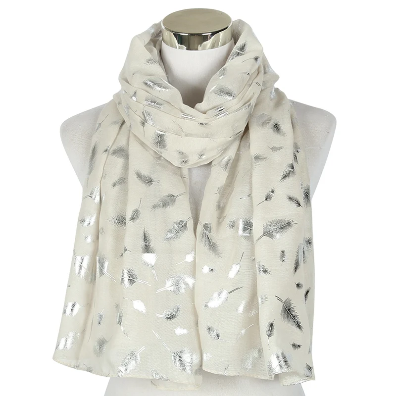 Beige Sliver Long FOXMOTHER модные женские белые темно-синие желтые бронзовые фольга Серебряное перо кольцо шарфы шейный шарф блестящий платок - Цвет: Beige Sliver Long