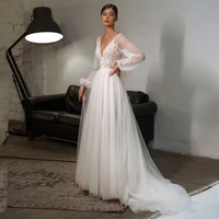 elegant wedding dresses 2021 v neck lace appliques long puff sleeve court train tulle a line beach bridal gown vestido de novia