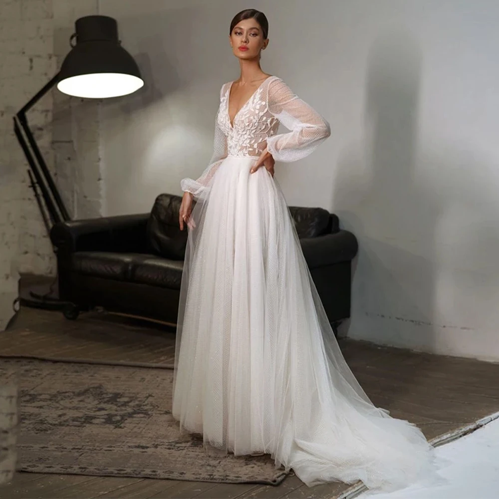 Elegant Weddding Dresses 2021 V Neck Lace Appliques Long Puff Sleeve Court Train Tulle A-Line Beach Bridal Gown Vestido De Novia