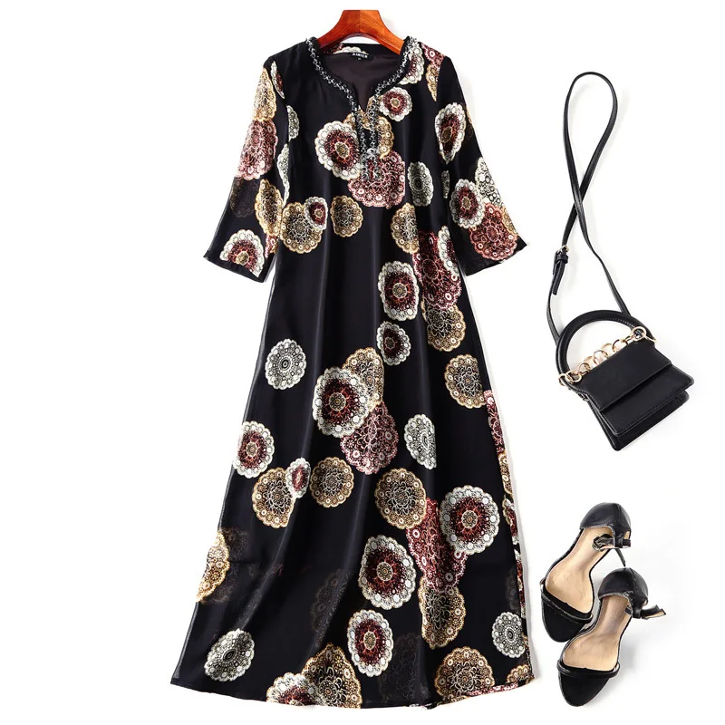 

Brand High Quality Women's Dress 2021 Spring Summer Plus Size Dresses Beading V-Neck Vintage Print Grey Black Dress Vestidos 4XL