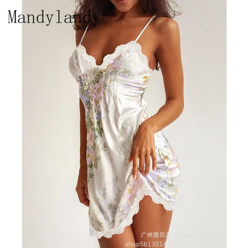 

Пижамное платье Mandylandy с V-образным вырезом и открытой спиной, кружевная ночная рубашка на бретельках, женское облегающее Плиссированное Пла...