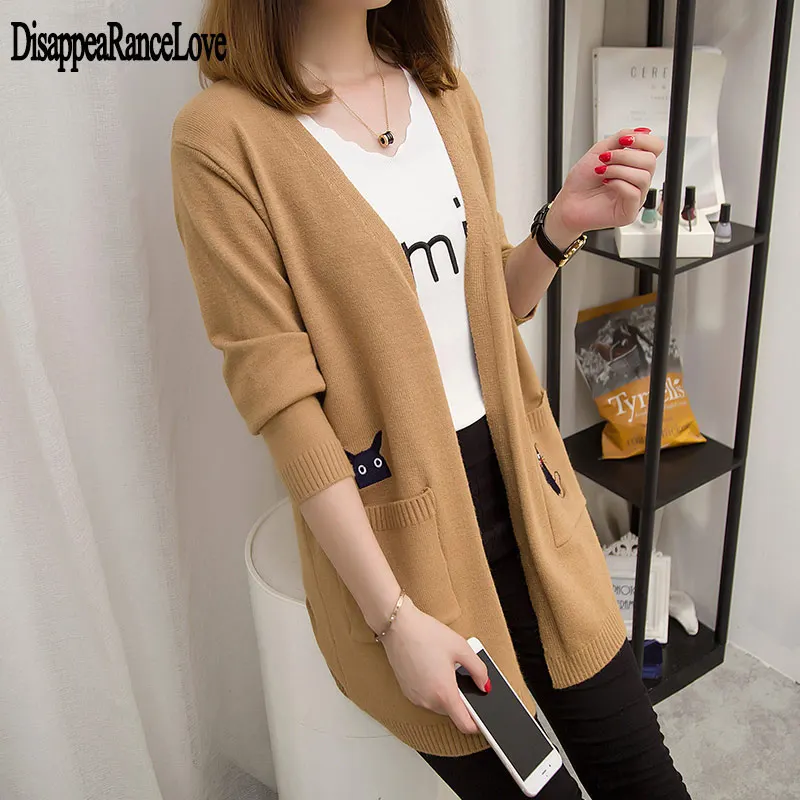 

2020 Casual Long Knitted Cardigan Autumn Korean Elegant Women Loose Solid Color Pocket Outwear Sweater Jacket Cape Cartoon Top