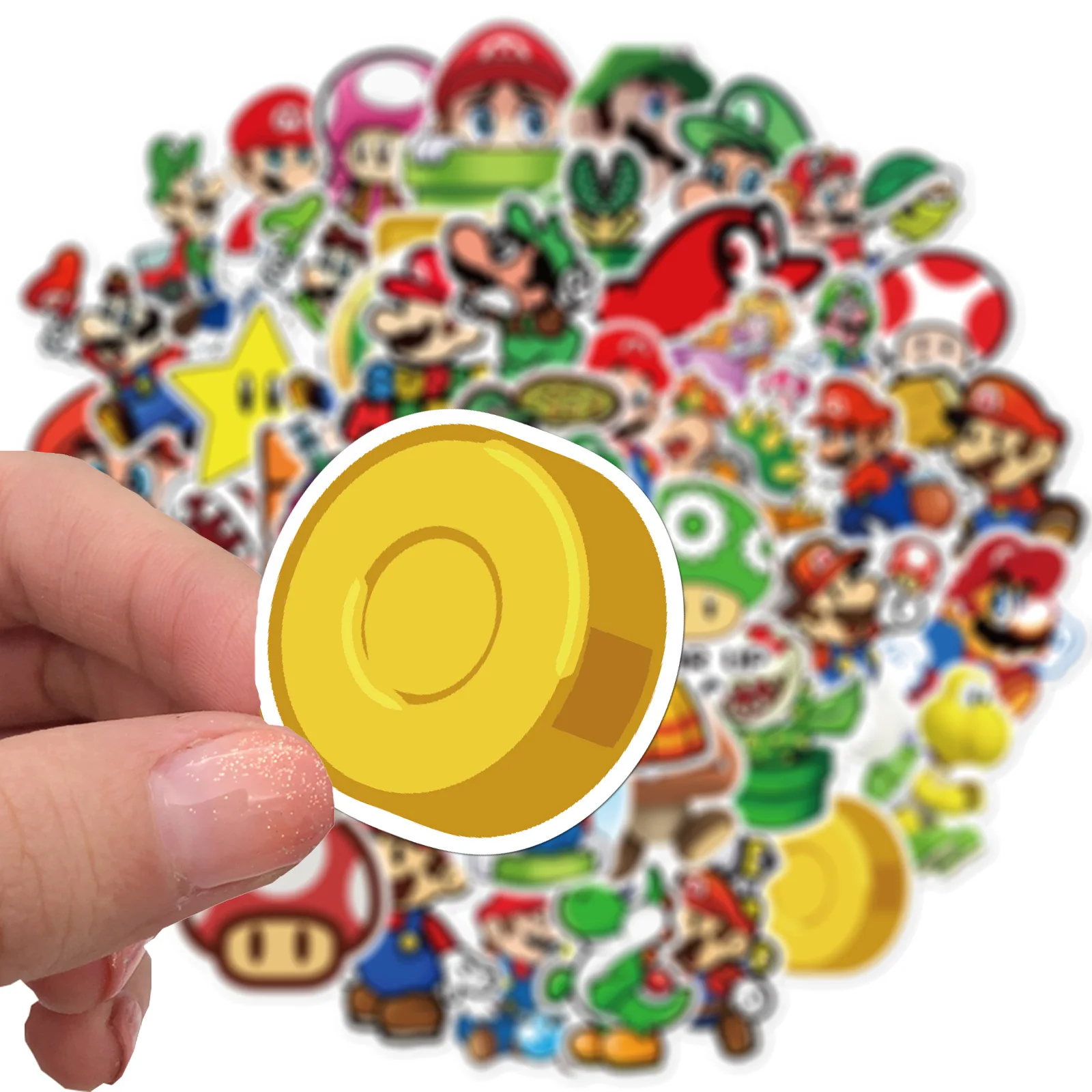 Pegatinas de Super Mario Bros 5/10/50 uds, dibujos animados, Luigi, moneda, Margarita, Peach, Toad, calcoman&iacute;a, Snowboard, port&aacute;til, equipaje, pegatina impermeable, regalos-3