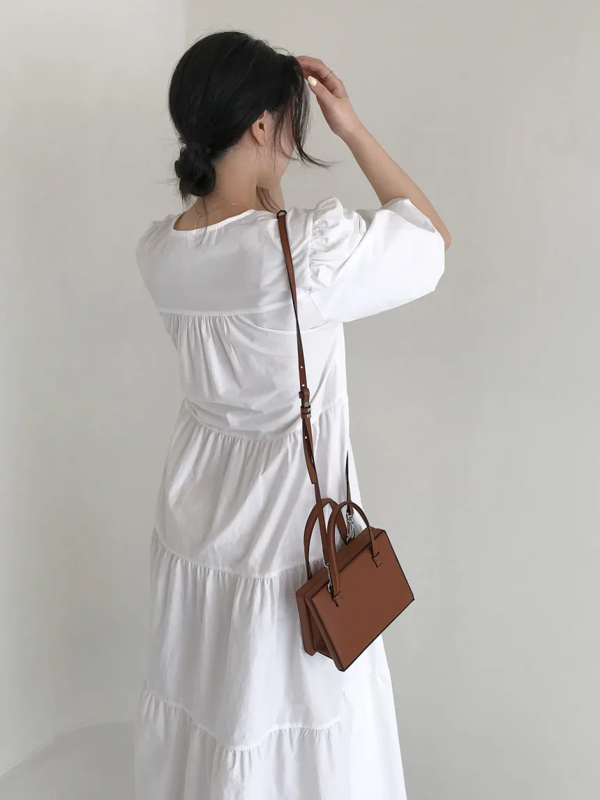 

Summer 2021 New Elegant White Women's Long Dresses Chic Lantern Sleeve V-Neck Casual Loose Female Korean A-Line Dress