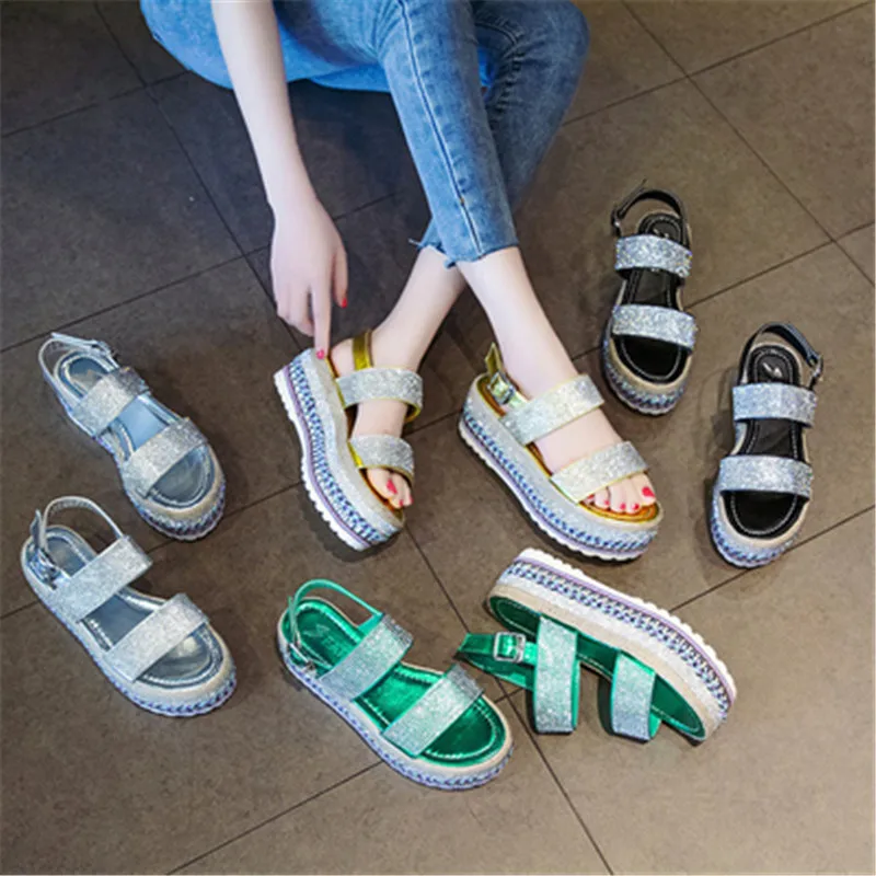 

Summer Beach Bling Bling Crystal Rome Ladies Sandals Fashion Platform Cutouts Flats Women Sandals Shoes Woman Silver Yellow Red