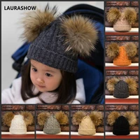 laurashow mum child double fur ball cap mink raccoon pom poms winter warm hat women girl hat knitted beanies cap crochet hat