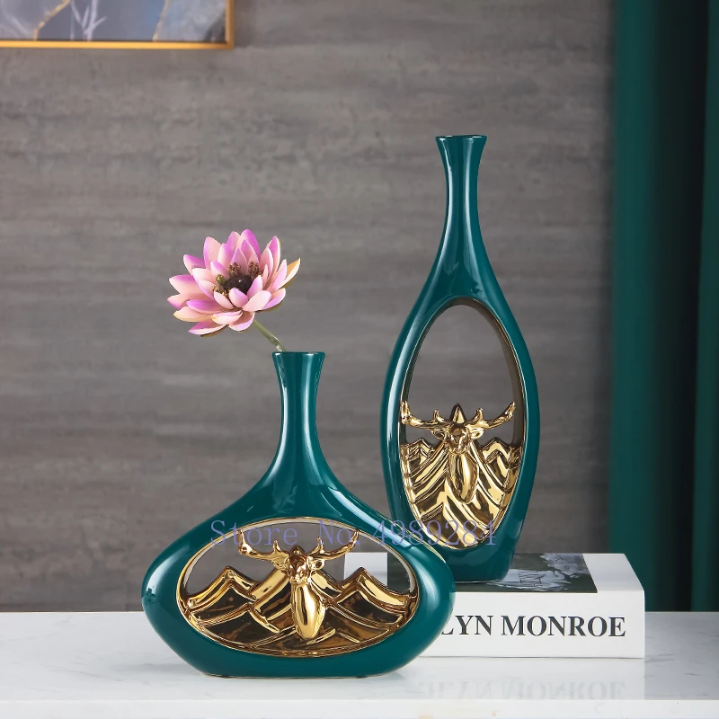 Керамическая ваза с вырезами Современная зеленая ажурная золотым оленем для