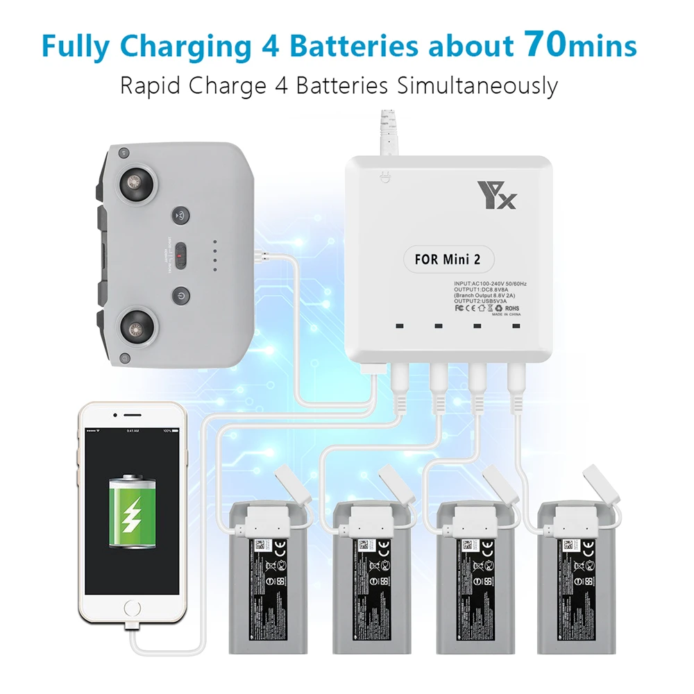 

6 in 1 Battery Charger for DJI Mini 2 Drone Battery Charger with USB Port