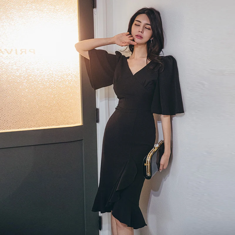 

Sexy Office Lady Short Sleeve Summer Casual Elegant V-Neck Women Solid Dresses Bodycon