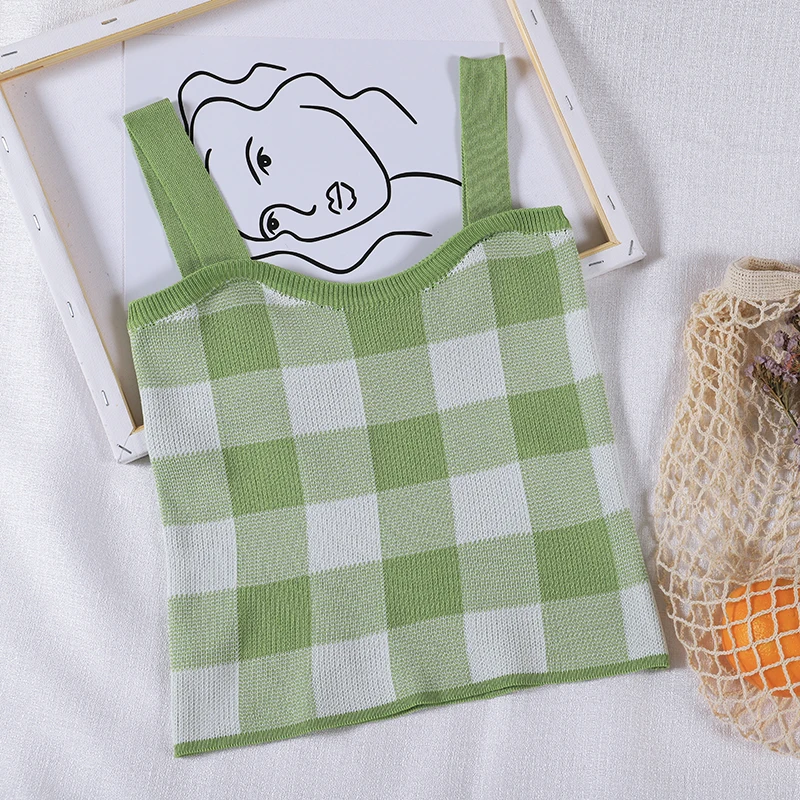 OUMEA женские вязаные топы укороченный топ в клетку на бретелях милые летние