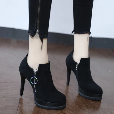 Женские ботинки на высоком каблуке Черные Водонепроницаемые с круглым носком