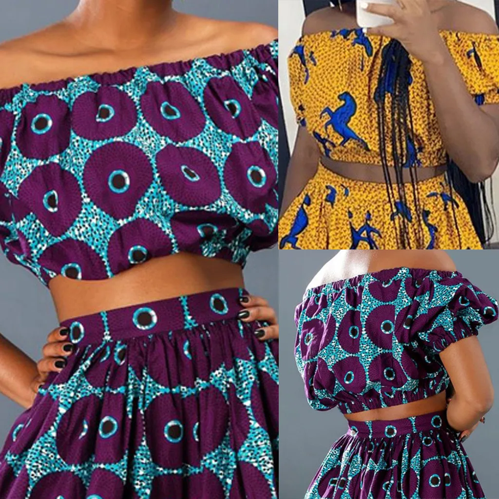 Женская мода с открытыми плечами цифровая печать коротким рукавом пупка