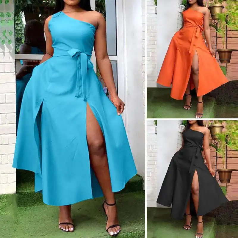 

S-5XL Women Sleeveless Party Dress VONDA 2021 Summer Sexy One Shoulder High Slit Long Dresses Kleid Robe Femme Bohemian Vestidos