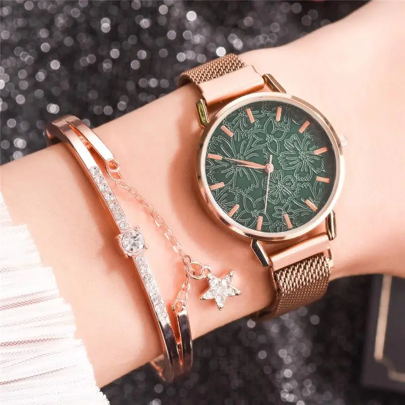 

Luxury Rose Gold Women Mesh Magnet Buckle Watches Hot Fashion Flowers Elegant Ladies Wristwatches Female Magnetic Watch Clock