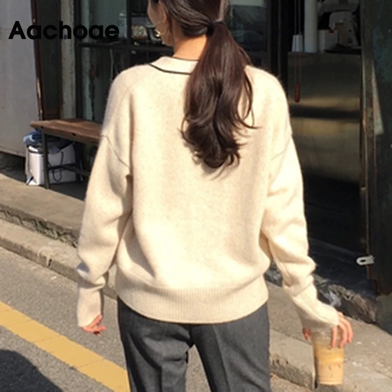 

Aachoae Patchowrk Knitted Sweater Women Elegant V Neck Cardigan Sweater Femlae Batwing Sleeve Casual Office Thin Sweaters Lady