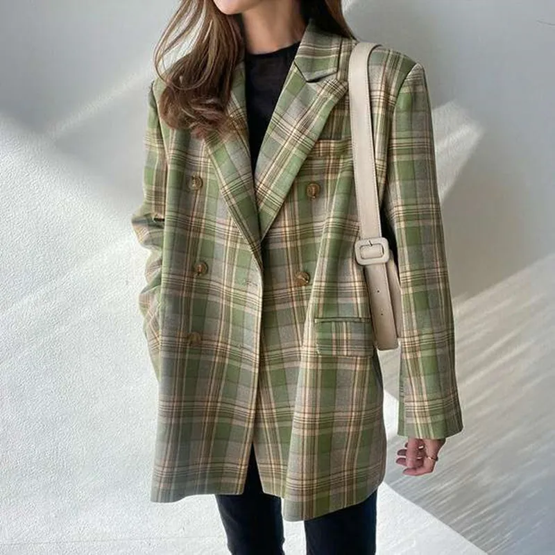 

Office Ladies Notched Collar Plaid Women Blazer Double Breasted Autumn Jacket 2021 Casual Pockets Female Suits Coat