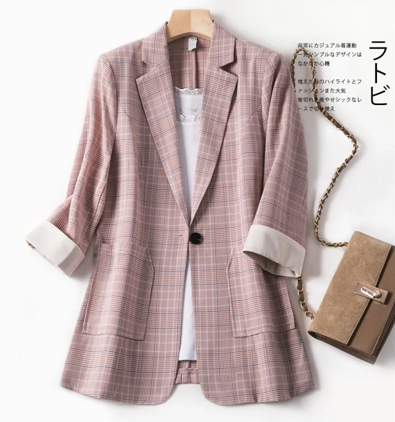 Women 2020 New Arrival Spring Autumn Plaid Suit Jackets Casual Thin Blazer Jacket Fashion Houndstooth Outerwear Tops | Женская одежда