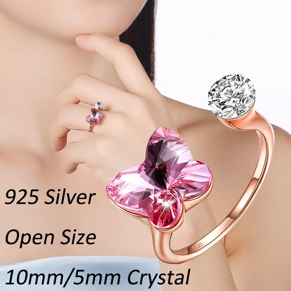 Летающая бабочка S925 Серебряное кольцо для женщин рубиновый кристалл из розового