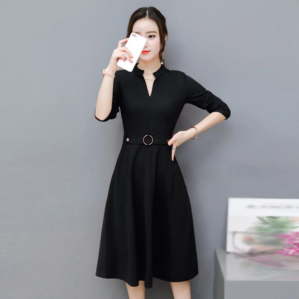 Черное офисное платье весна осень 2019 одежда для работы с длинным рукавом