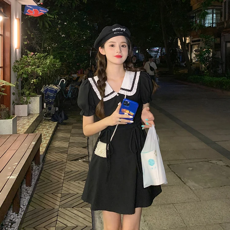 Короткое и длинное черное платье с кукольным воротником|Женские платья| |