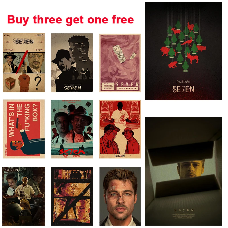 

Buy Three Get One Free Crime Suspense Movie Se7en Best Selling Antique Kraft Paper Poster Art Home Room Wall Decoration Poster