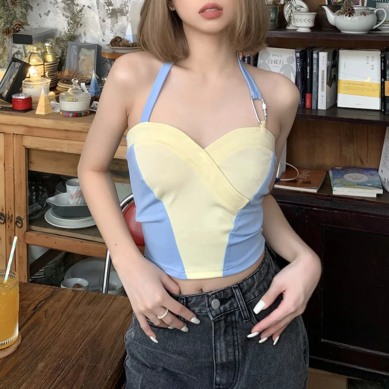 

Women Halter Crop Tank Tops Trendy Sleeveless Color Block Slim Fit Camisole with Metal Clip