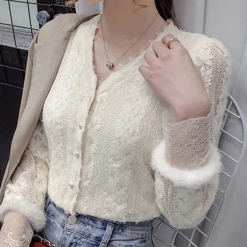 

Sister Fara New Spring V-Neck Lace Blouse For Women Hollow Out Patchwork Long Sleeve Autumn Chiffon Shirt Female Short Blusas