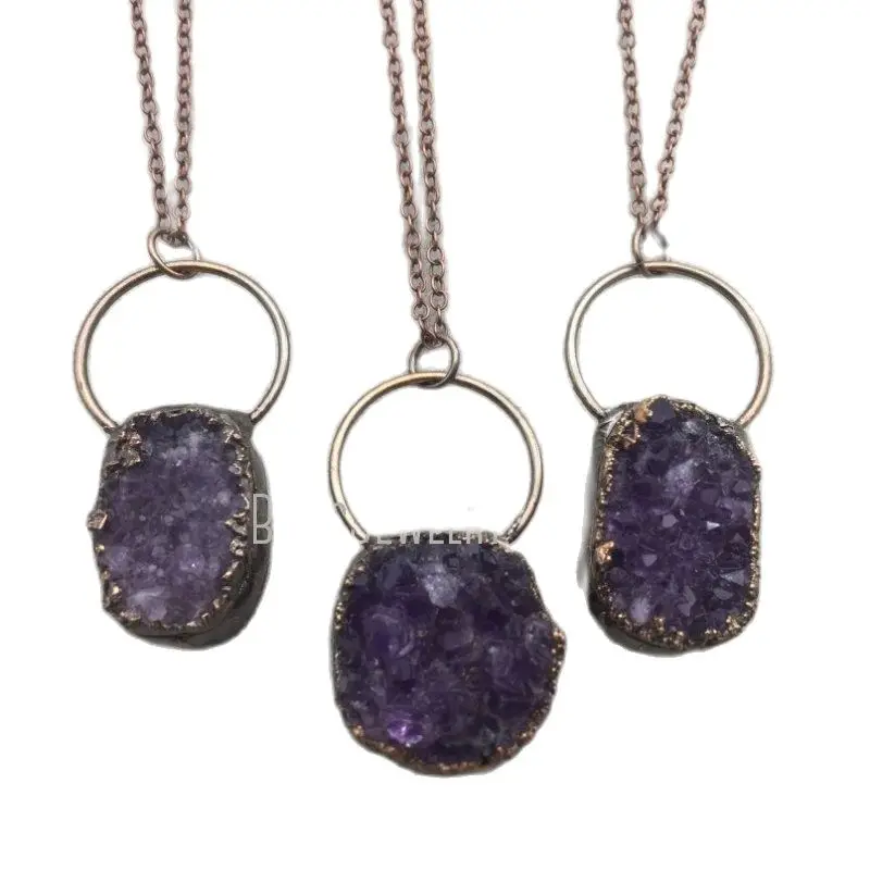 NM40113 Purple Druzy Freeform  Boho Purple Agate Chunk Slab Necklace Vintage Copper Plated Hoop Necklace
