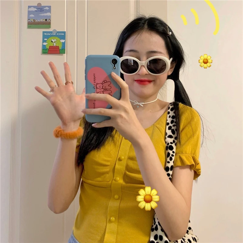 

Summer 2020 New French Retro Gentle Wind Bubble Sleeve Sweater Women Slim Wild Square Collar Clavicle Eight-color Top