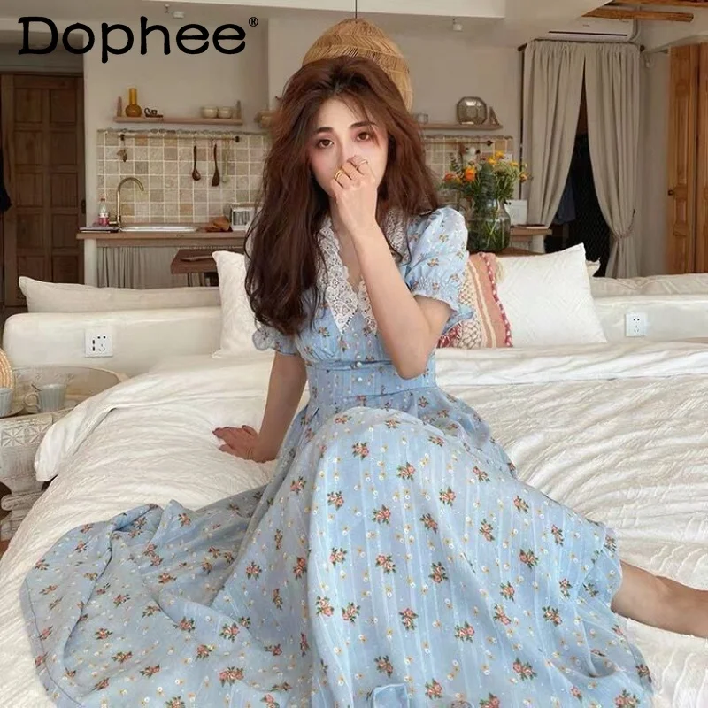 

В винтажном стиле; Милое платье с цветочным рисунком для женщин 2021 летнее элегантное кружевное платье с v-образным вырезом с короткими рукав...