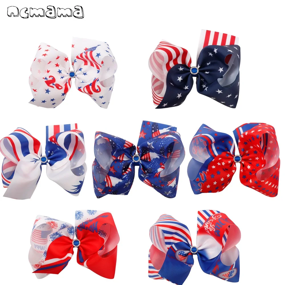 ncmama 4th of July Hair Bows with Clips Girls Large Hairbows USA Flag Independence Day Hairgrips Festival Kids Hair Accessories