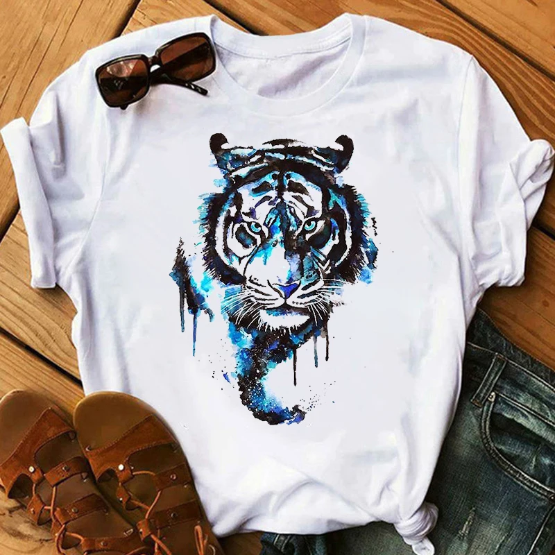 Футболка женская оверсайз с тигровым лицом модная рубашка коротким рукавом и