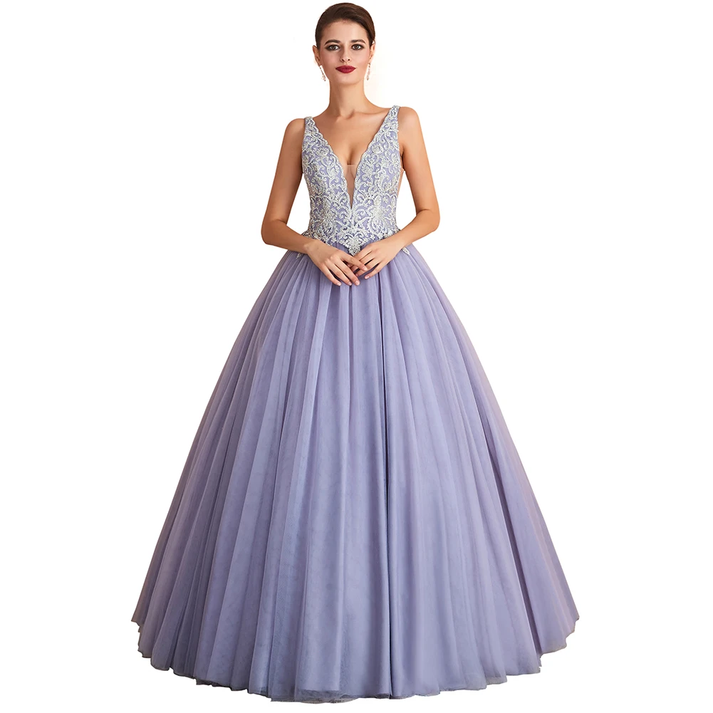 

BRIDAL Ball Gown Prom Dresses Long 2019 Girls Purple Beaded Party Evening Dress V Neck Lace Sequin Formal Gowns