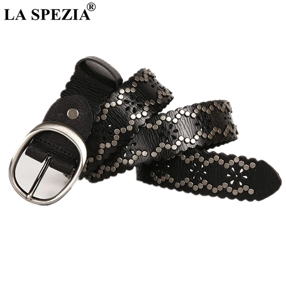 LA SPEZIA Rivet Belt Punk Real Leather Women Belt High Quality Buckle Black Coffee Hip Hop Ladies Rock Waist Belts 110cm 115cm