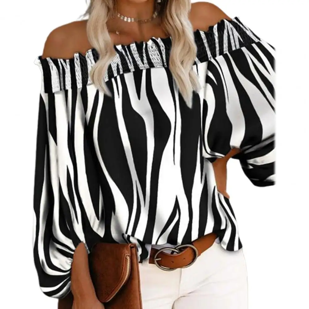 

Striped Print Women Blouse Puff Sleeve Thin Off Shoulder Loose Fit Summer Shirt Pullover Top Women Blouse Shirt