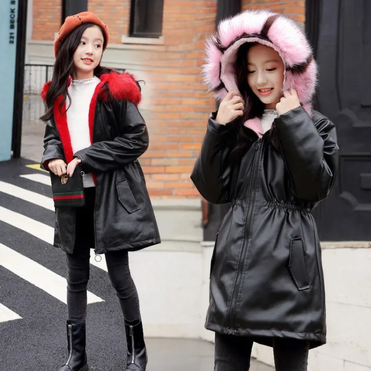 Зимняя теплая плотная куртка для девочек Детское пальто из искусственной кожи с