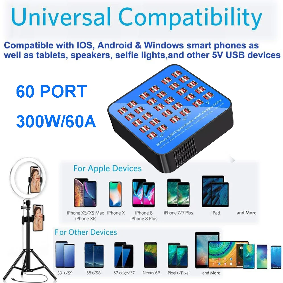 

USB Charger Station 60 Port 300W/60A Multiple USB Fast Charging Dock for iPhone iPad Xiaomi Huawei Smartphones Tablets US EU UK