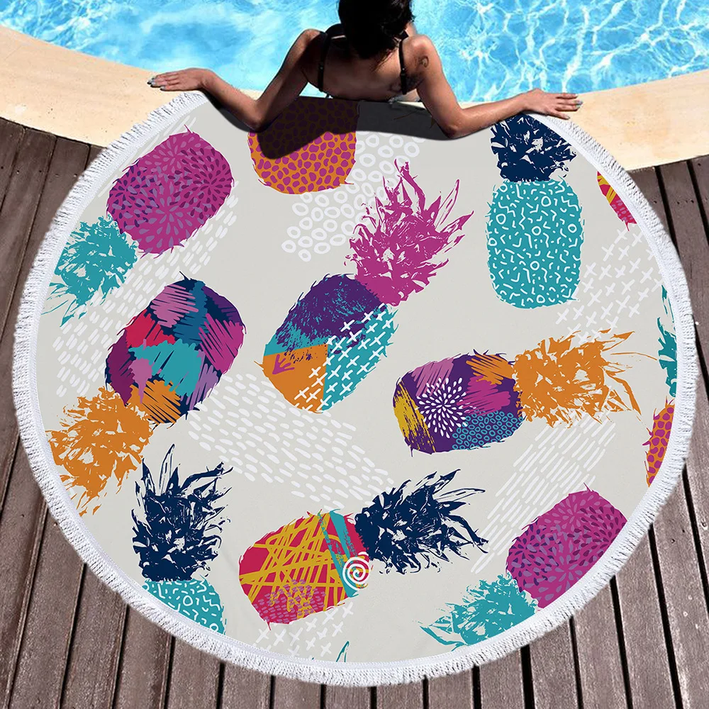 

Summer Selva Leaves Pineapple Mandala Round Beach Towel Microfiber Printed Terry Cloth with Tassel Yoga Mat Serviette De Plage