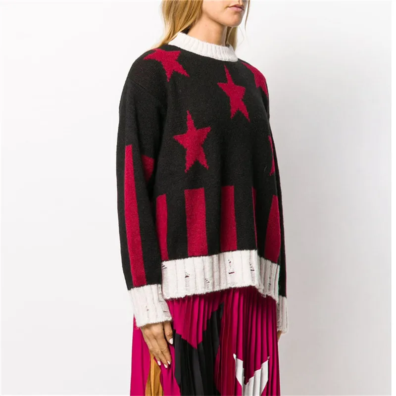 Женский вязаный свитер со звездами свободный трикотажный джемпер с длинным