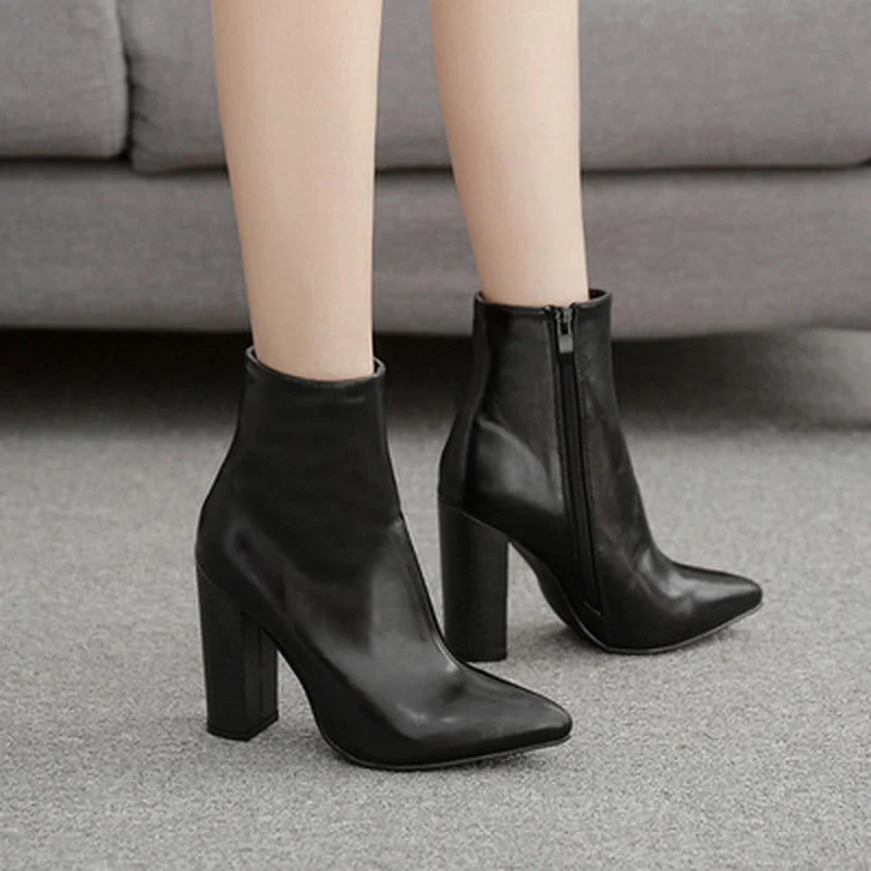 

Eilyken 2021 New Winter Women Ankle Boots Fashion Pointed Toe Zip Square High Heels PU Leather Female Boot Black Party Shoes