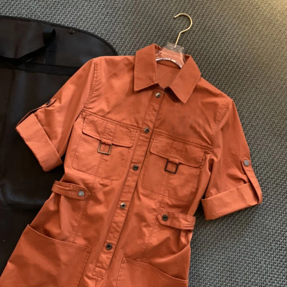 

2020 Autumn New Women's Casual Workwear Style Loose Big Pocket Back Elastic Waist Lapel Shorts Jumpsuit