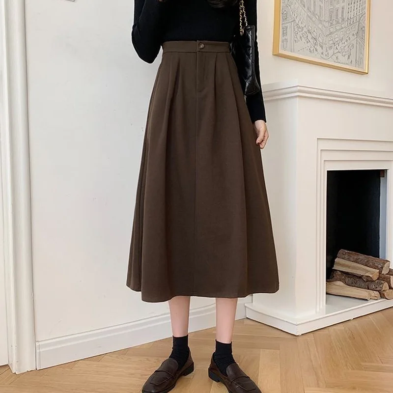 

HOUZHOU Vintage Brown Long Skirts Women High Waist A-line Midi Skirt 2021 Autumn Korean Fashion Elegant Preppy Style All-match