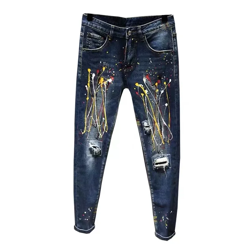 European men's new fashion ripped jeans paint splash ink personality irregular casual beggar pants